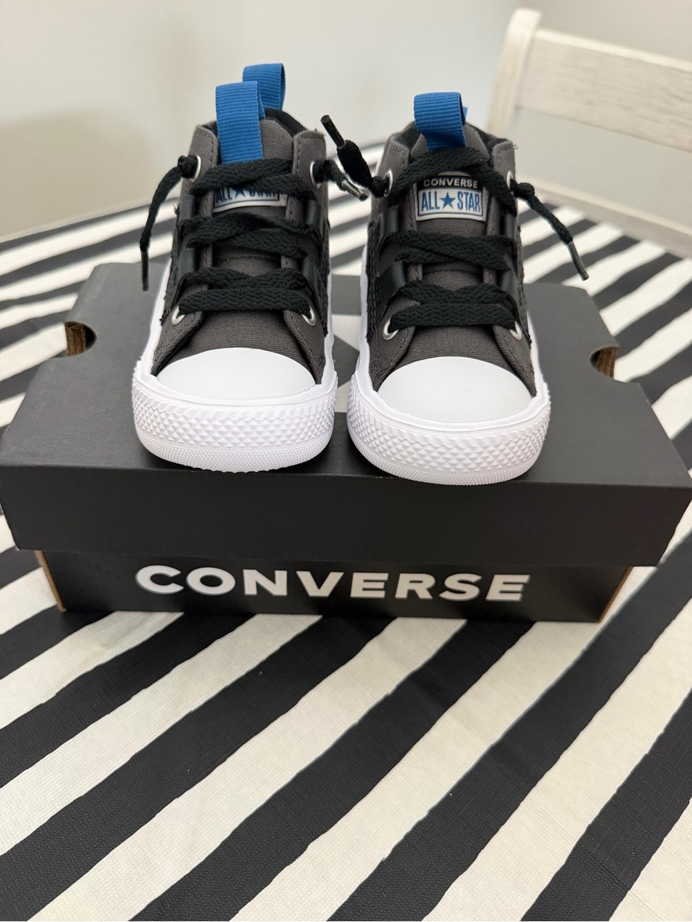 Converse Kids Black & White Chuck Taylor Sneakers with Blue Pull Tabs